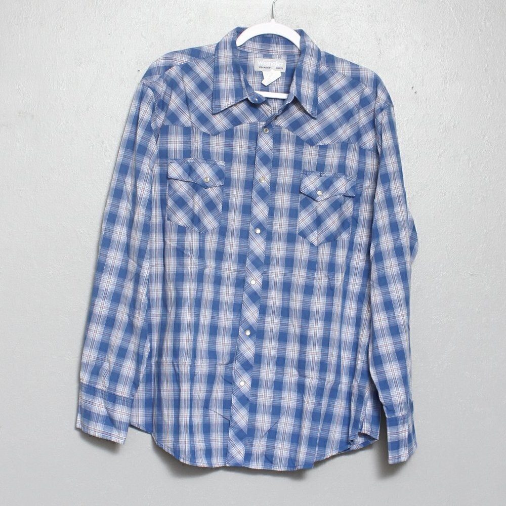 Wrangler blue white plaid long sleeve Pearl snap button shirt